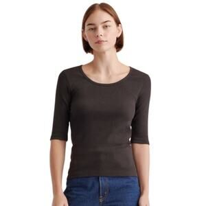 Quince Black Organic Cotton Micro Rib Elbow Half Sleeve Tee